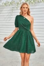 Dot Solid Puff Sleeve One Shoulder Midi Dress