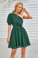 Dot Solid Puff Sleeve One Shoulder Midi Dress
