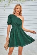 Dot Solid Puff Sleeve One Shoulder Midi Dress