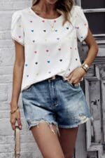 Heart Print Round Neck Loose Fit Shirt