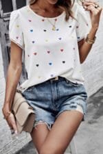 Heart Print Round Neck Loose Fit Shirt