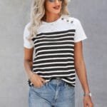 Strip Round Neck Loose Fit Button Tee