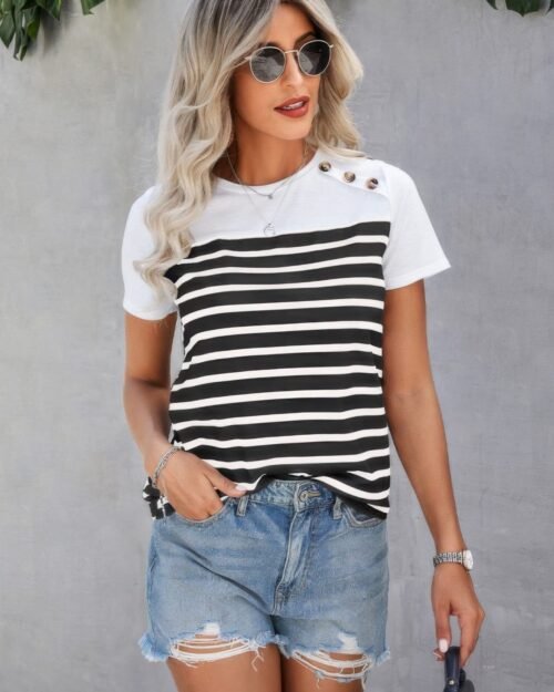 Strip Round Neck Loose Fit Button Tee