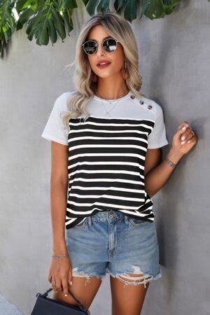 Strip Round Neck Loose Fit Button Tee Strip Round Neck Loose Fit Button Tee