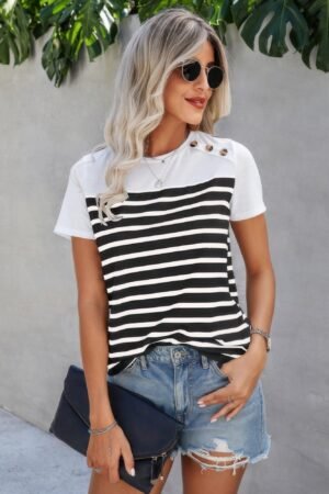 Strip Round Neck Loose Fit Button Tee Strip Round Neck Loose Fit Button Tee