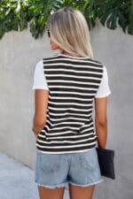 Strip Round Neck Loose Fit Button Tee