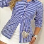 Plus Strip Button Up Fit Front Open Blouse