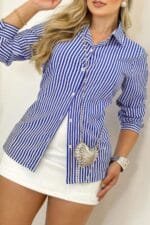 Plus Strip Button Up Fit Front Open Blouse