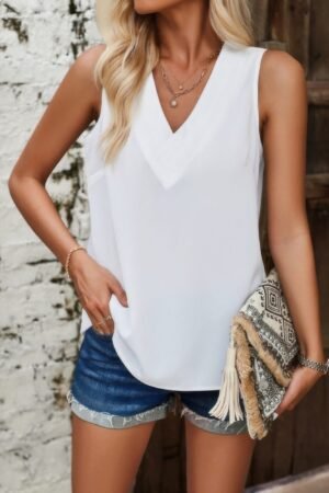 Solid V Neck Sleeveless Loose Fit Top Solid V Neck Sleeveless Loose Fit Top
