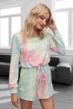 Tie Dye Round Neck Drawstring Romper