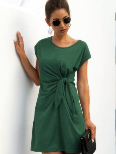 Solid Twist Knot Front Short Sleeve Tee Fit Dress