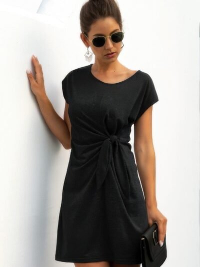 Solid Twist Knot Front Short Sleeve Tee Fit Dress Solid Twist Knot Front Short Sleeve Tee Fit Dress