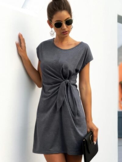 Solid Twist Knot Front Short Sleeve Tee Fit Dress Solid Twist Knot Front Short Sleeve Tee Fit Dress