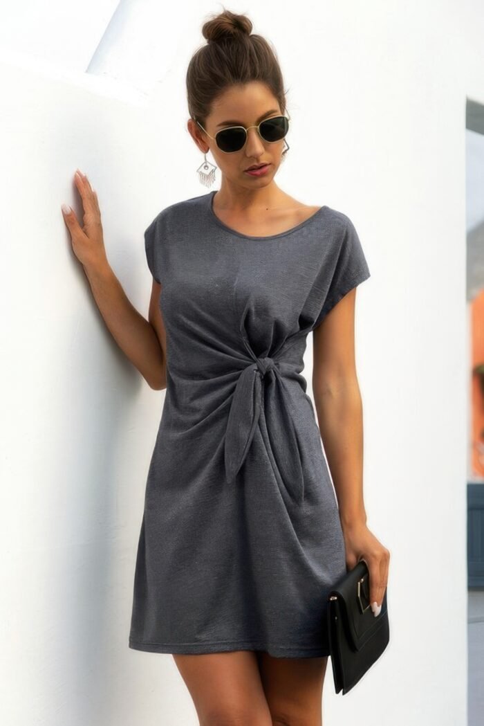 Solid Twist Knot Front Short Sleeve Tee Fit Dress - Image 3