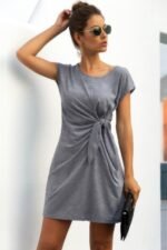 Solid Twist Knot Front Short Sleeve Tee Fit Dress - Image 5