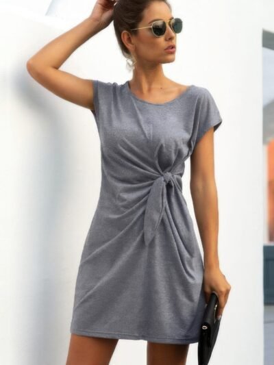 Solid Twist Knot Front Short Sleeve Tee Fit Dress Solid Twist Knot Front Short Sleeve Tee Fit Dress