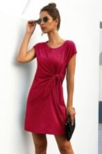 Solid Twist Knot Front Short Sleeve Tee Fit Dress - Image 6