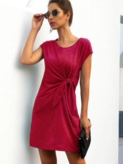 Solid Twist Knot Front Short Sleeve Tee Fit Dress Solid Twist Knot Front Short Sleeve Tee Fit Dress