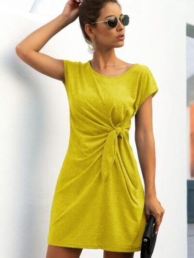 Solid Twist Knot Front Short Sleeve Tee Fit Dress Solid Twist Knot Front Short Sleeve Tee Fit Dress