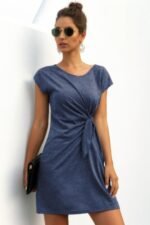 Solid Twist Knot Front Short Sleeve Tee Fit Dress - Image 8
