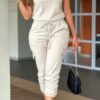 Short Sleeve Jumpsuit Women – Crew Neck Drawstring Waist