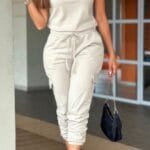 Short Sleeve Jumpsuit Women – Crew Neck Drawstring Waist