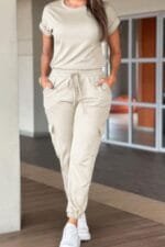 Crew Neck Short Sleeve Drawstring Waist Jumpsuit