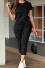 Short Sleeve Jumpsuit Women – Crew Neck Drawstring Waist
