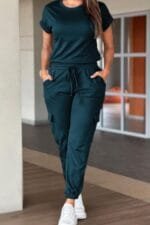 Short Sleeve Jumpsuit Women – Crew Neck Drawstring Waist