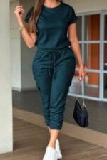 Crew Neck Short Sleeve Drawstring Waist Jumpsuit