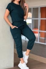 Crew Neck Short Sleeve Drawstring Waist Jumpsuit