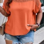 Plus Lace Blouse Solid Round Neck Hollow Out