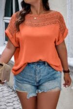 Plus Solid Round Neck Hollow Out Lace Blouse