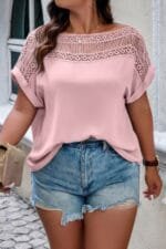 Plus Solid Round Neck Hollow Out Lace Blouse