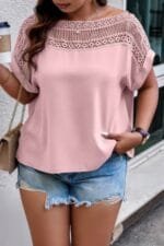 Plus Solid Round Neck Hollow Out Lace Blouse