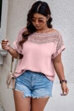 Plus Solid Round Neck Hollow Out Lace Blouse