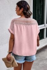 Plus Solid Round Neck Hollow Out Lace Blouse