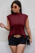 Plus Solid Pleated Sleeveless Elastic Fit Shirt