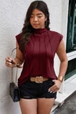 Plus Solid Pleated Sleeveless Elastic Fit Shirt