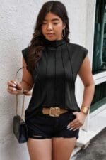 Plus Solid Pleated Sleeveless Elastic Fit Shirt