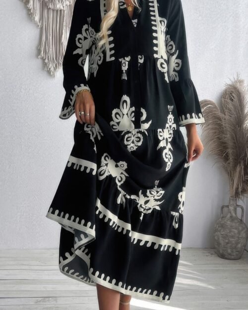 stand collar dress button floral splicing – v neck chic