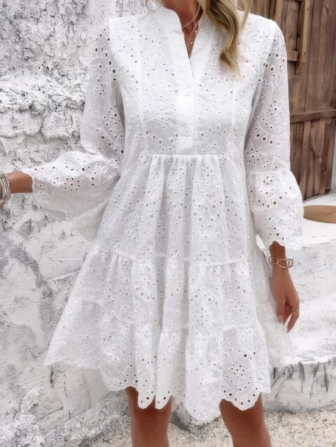 V Neck Button Flared Sleeves Hollow Out Lace Dress