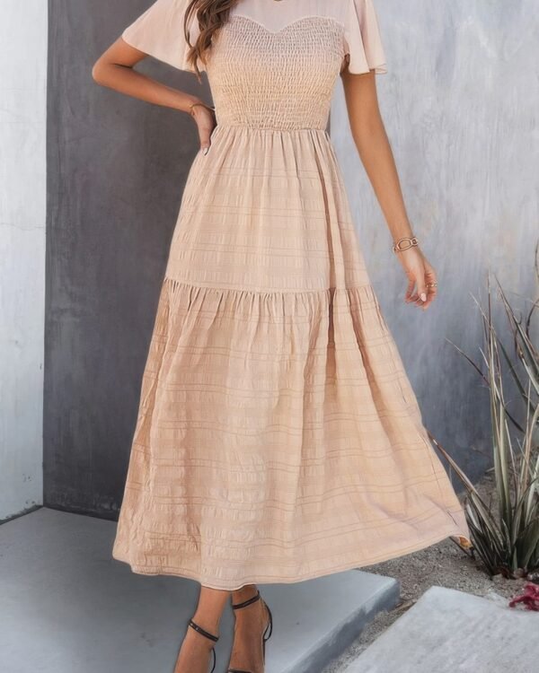 Ruffle Sleeve And Hem Top Shirred Crew Neck Dress