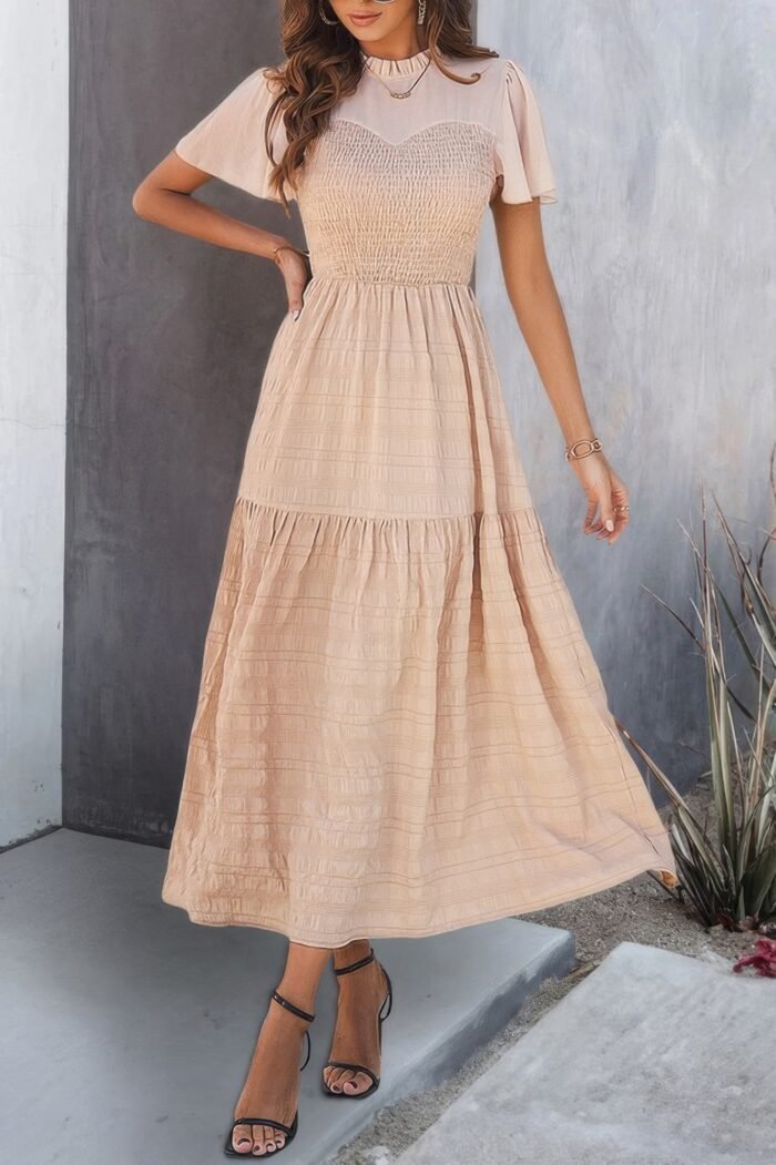 Ruffle Sleeve And Hem Top Shirred Crew Neck Dress - Image 1