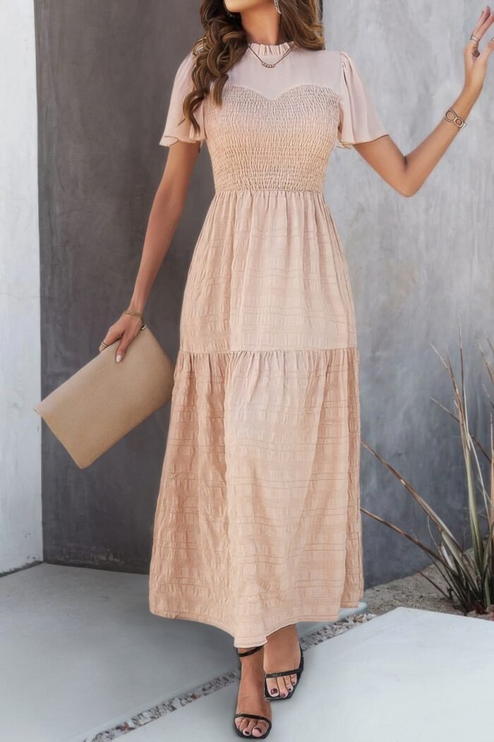 Ruffle Sleeve And Hem Top Shirred Crew Neck Dress - Image 2
