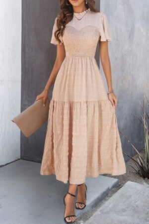 Ruffle Sleeve And Hem Top Shirred Crew Neck Dress