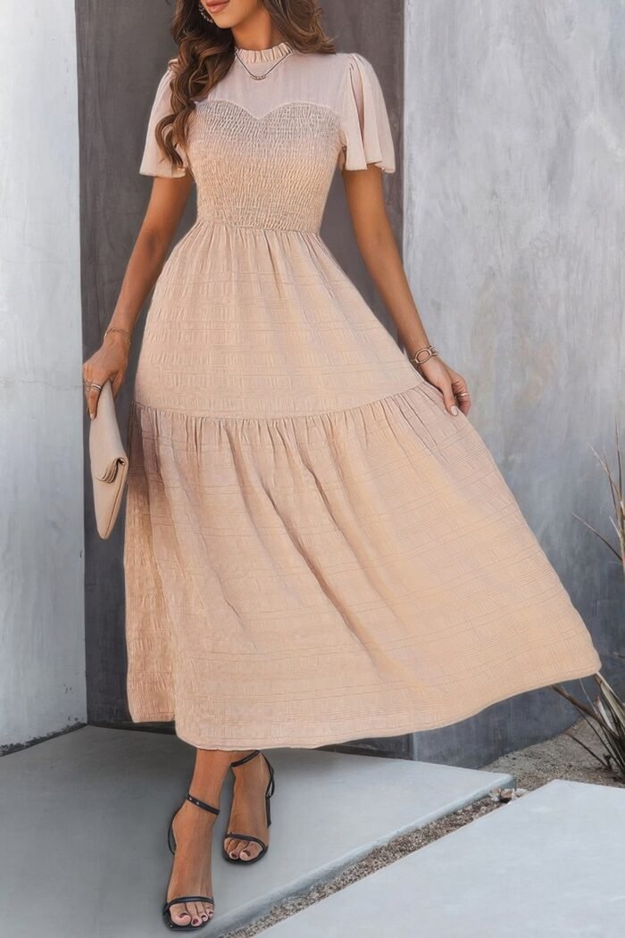Ruffle Sleeve And Hem Top Shirred Crew Neck Dress - Image 5