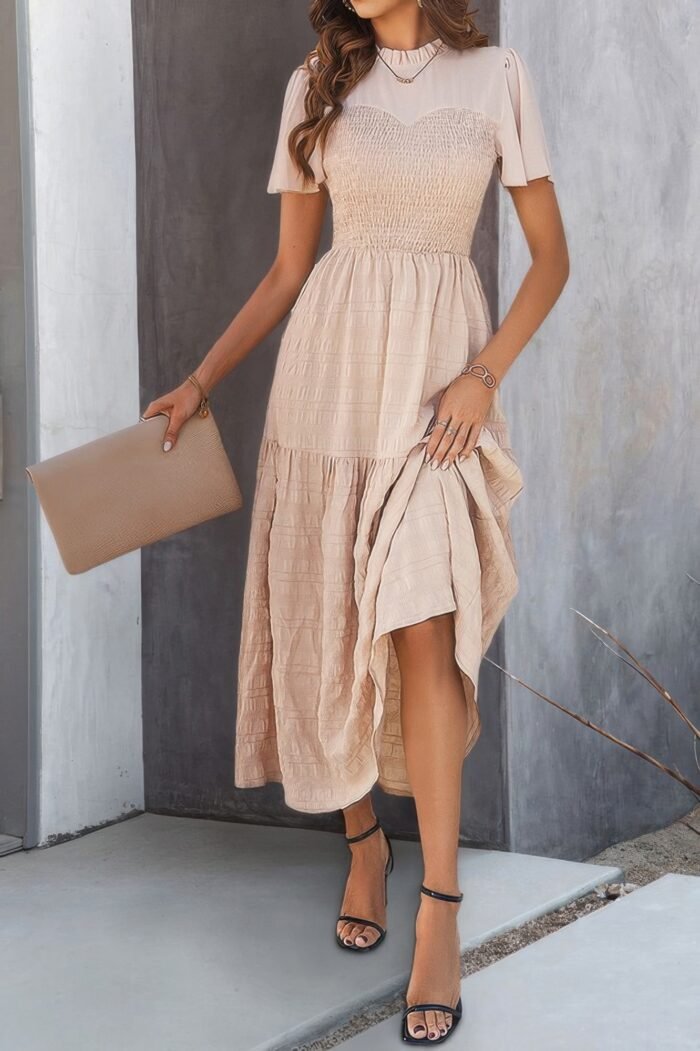 Ruffle Sleeve And Hem Top Shirred Crew Neck Dress - Image 6