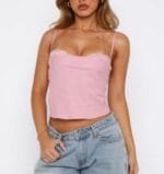 Solid Back Knot Lace Trim Sleeveless Shirt