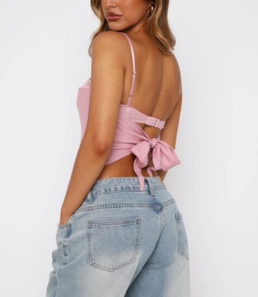 Solid Back Knot Lace Trim Sleeveless Shirt - Image 9